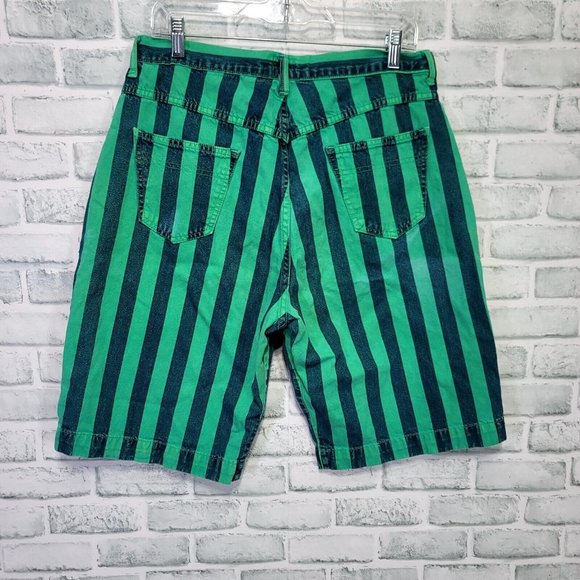 Vintage 90s Cherokee Juniors 13 Green Vertical Striped Denim Long Bermuda Shorts - Picture 2 of 6